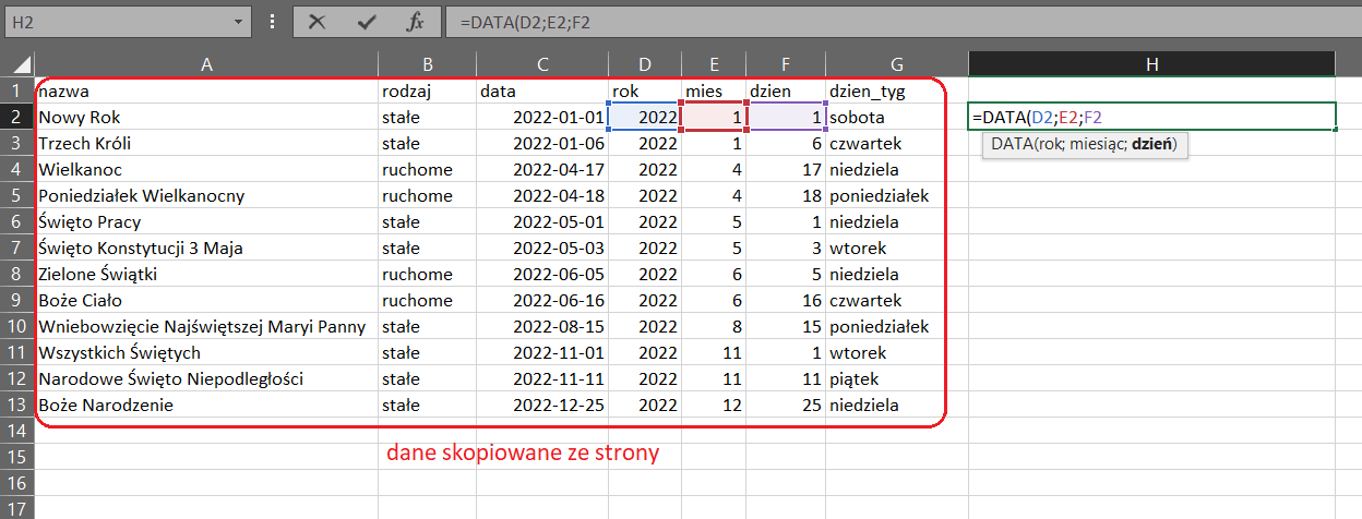 funkcja DATA w Excelu